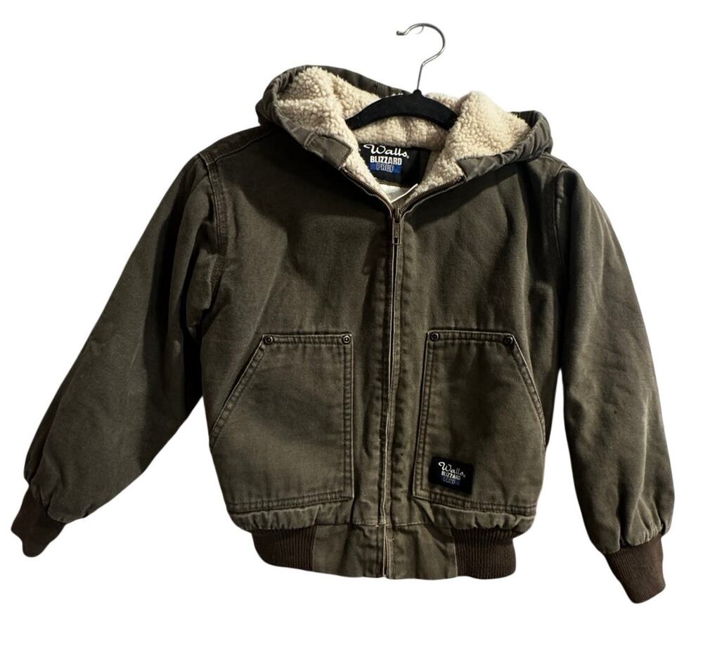 Walls Blizzard Pruf Youth Canvas Duck Jacket Sherpa Lining Full Zip Hood 8/10